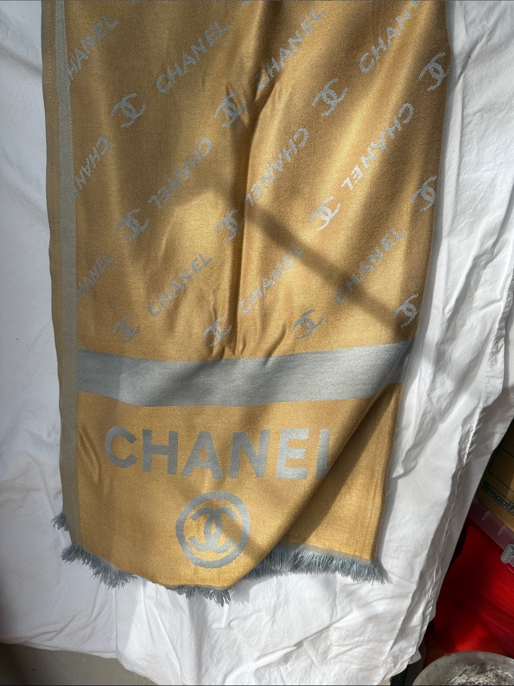 CHANEL Gold and Silver Logo Silk-Blend Scarf
